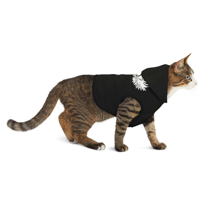 Stylish black pet hoodie with winged heart design, worn by tabby cat.