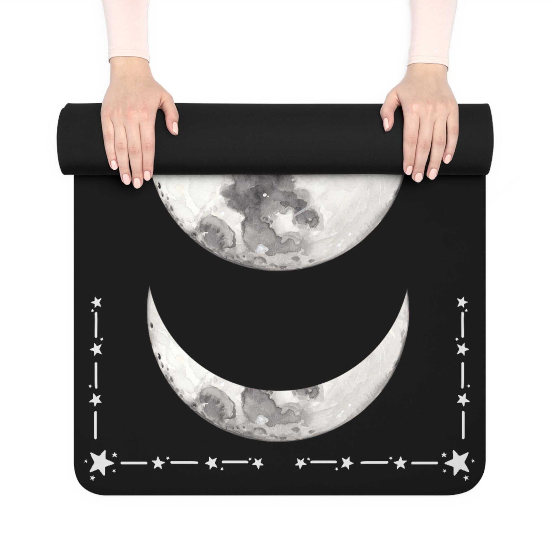Moon Phase Rubber Yoga Mat with lunar design, non-slip backing, ideal for meditation and fitness.