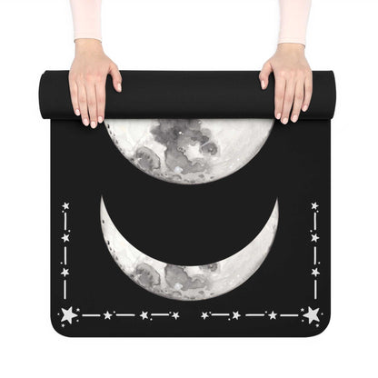 Moon Phase Rubber Yoga Mat with lunar design, non-slip backing, ideal for meditation and fitness.