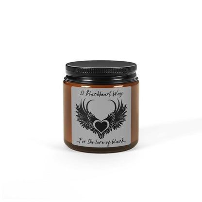 Soy candle in an amber jar with black lid, featuring eco-friendly and non-toxic blend, ideal for creating cozy ambiance.
