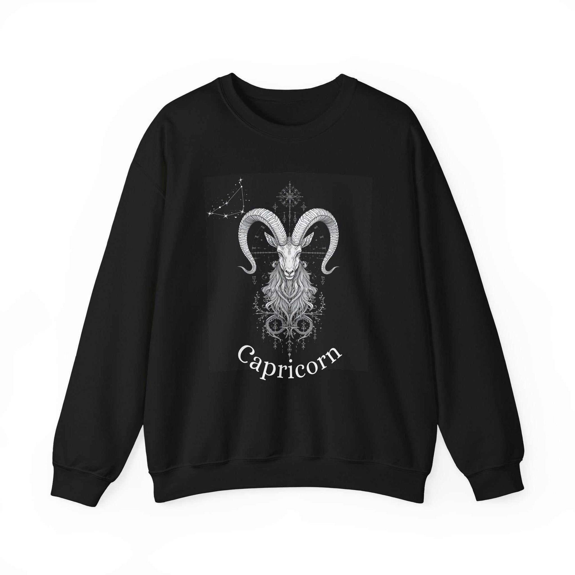 Black Capricorn sweatshirt with ram illustration and constellation design, fleece-lined and heavyweight for comfort and warmth, ribbed cuffs and pouch pocket.