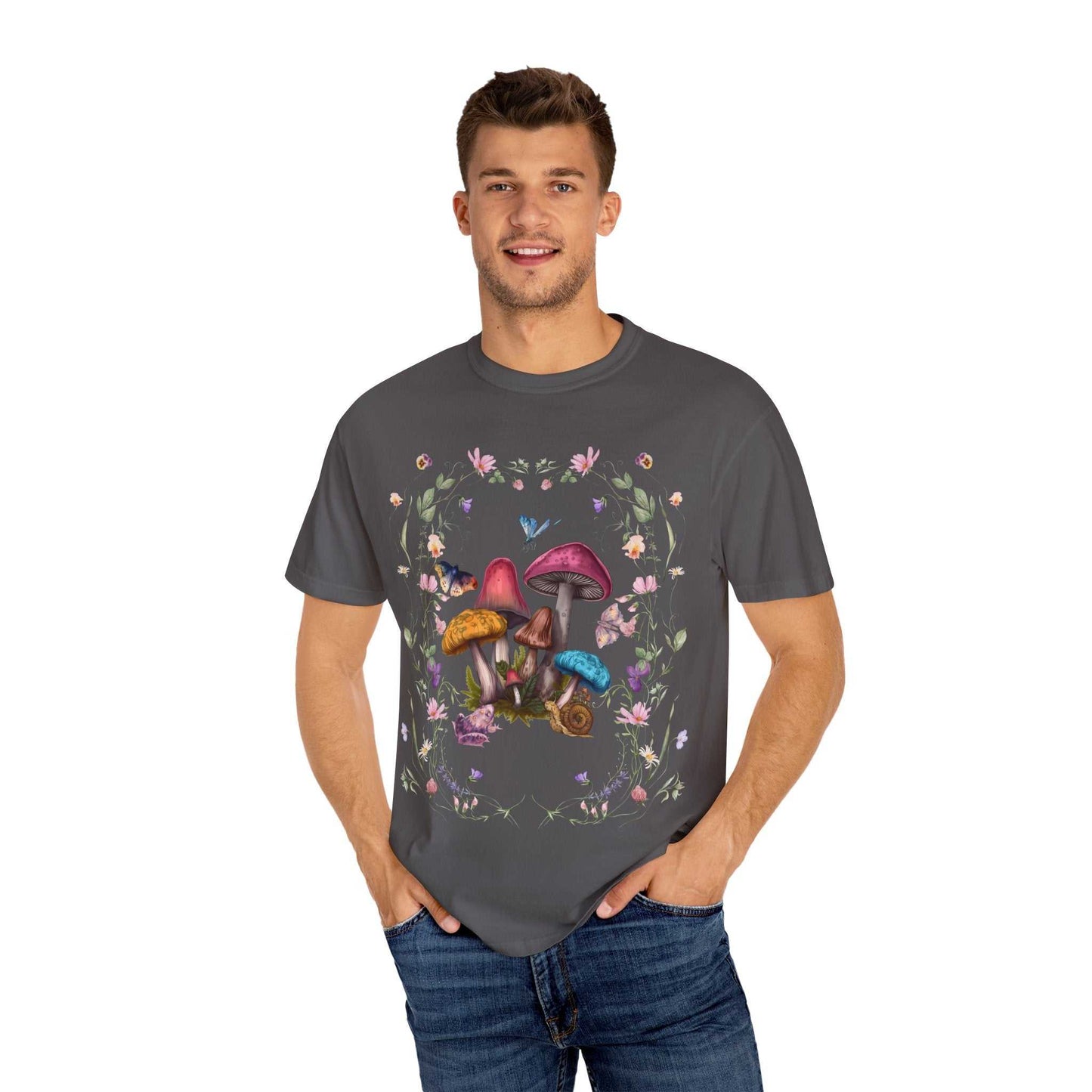 Mushroom Flower T-shirt with colorful mushroom design and floral accents, worn by male model.