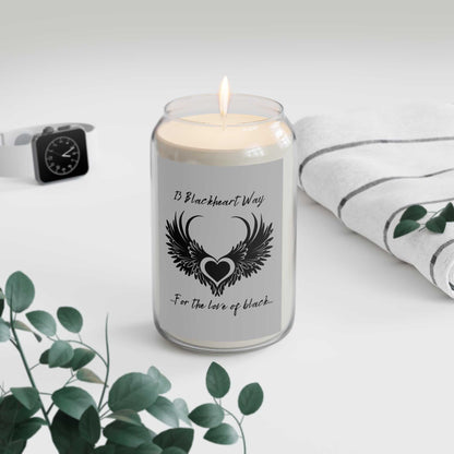 Blackheart Way Scented Candle in glass vessel, lit with calming ambiance; perfect eco-friendly home decor.